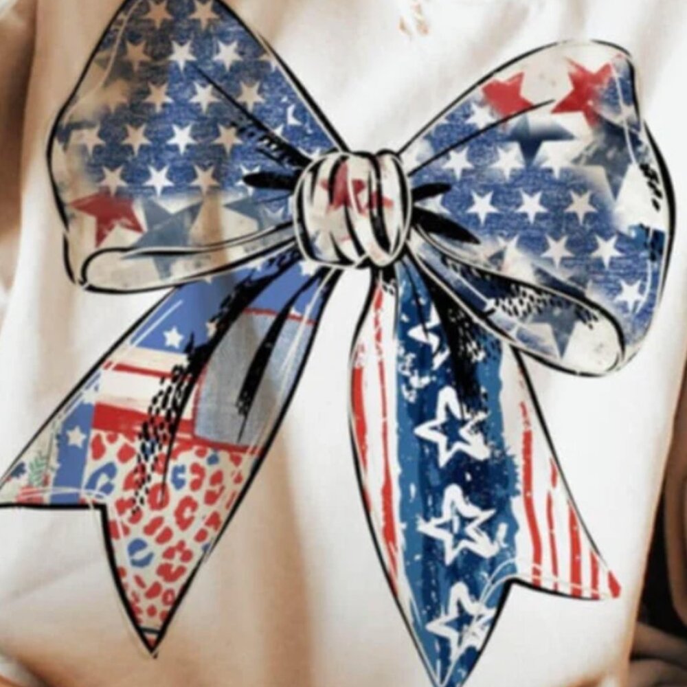 Comfort Colors Tee In IVORY With Super Cute Patriotic Glitter BOW Transfer